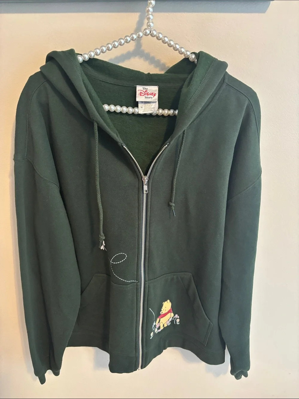 Vtg 90s Disney Store Winnie The Pooh Embroidered Zip Up Hoodie Green Sz XL